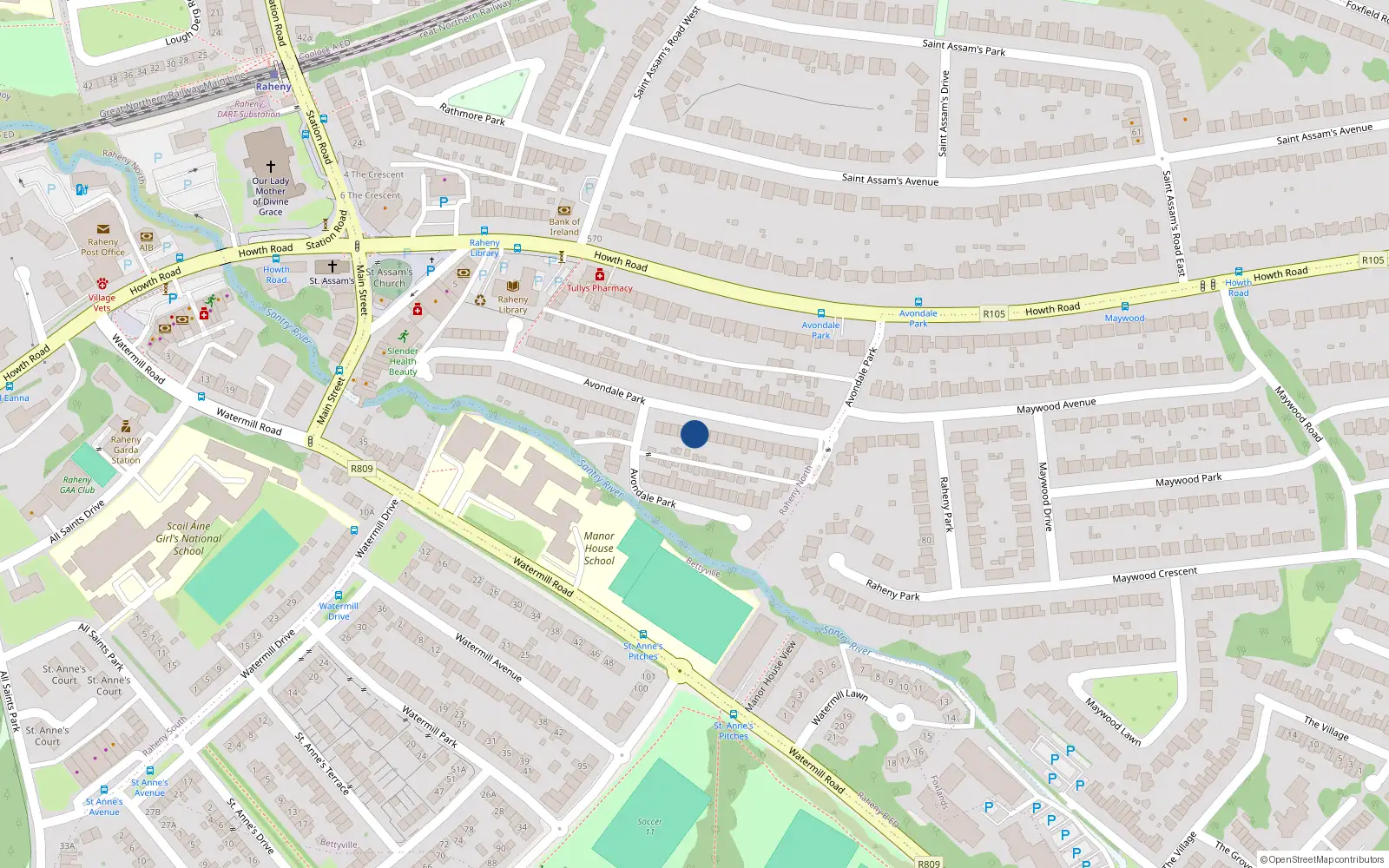 Overhead map showing the location of 64 Avondale Park, Raheny, Dublin 5