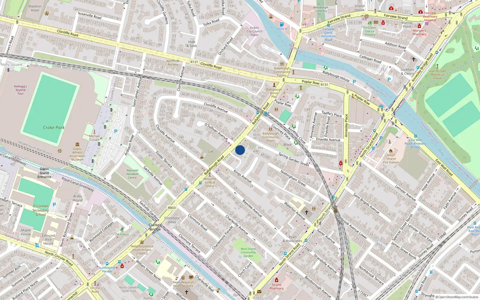 Overhead map showing the location of 64 Ballybough Road, Ballybough, Dublin 3