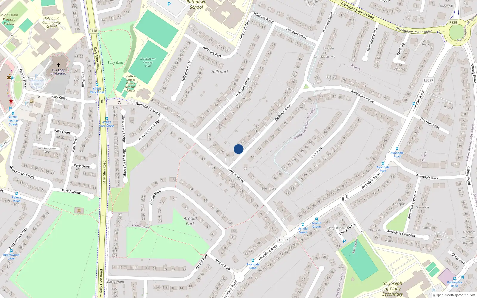 Overhead map showing the location of 64A Bellevue Road, Dublin