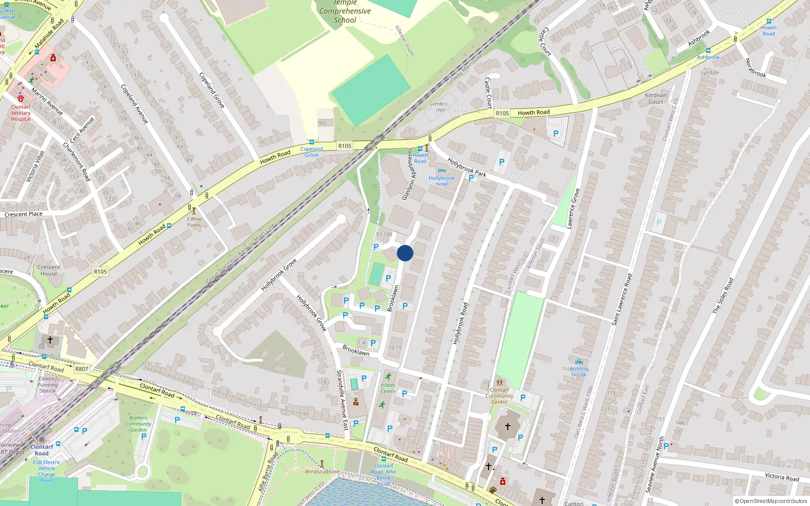 Overhead map showing the location of 64 Brooklawn, Dublin 3