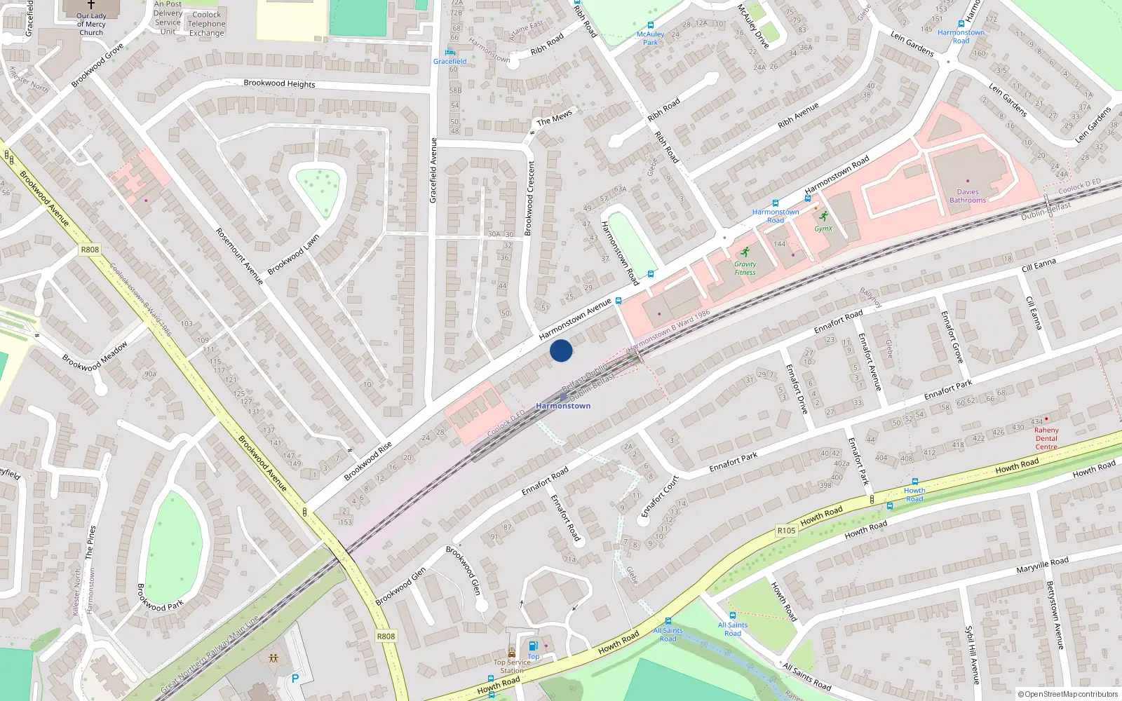 Overhead map showing the location of 64 Brookwood Rise, Dublin 5