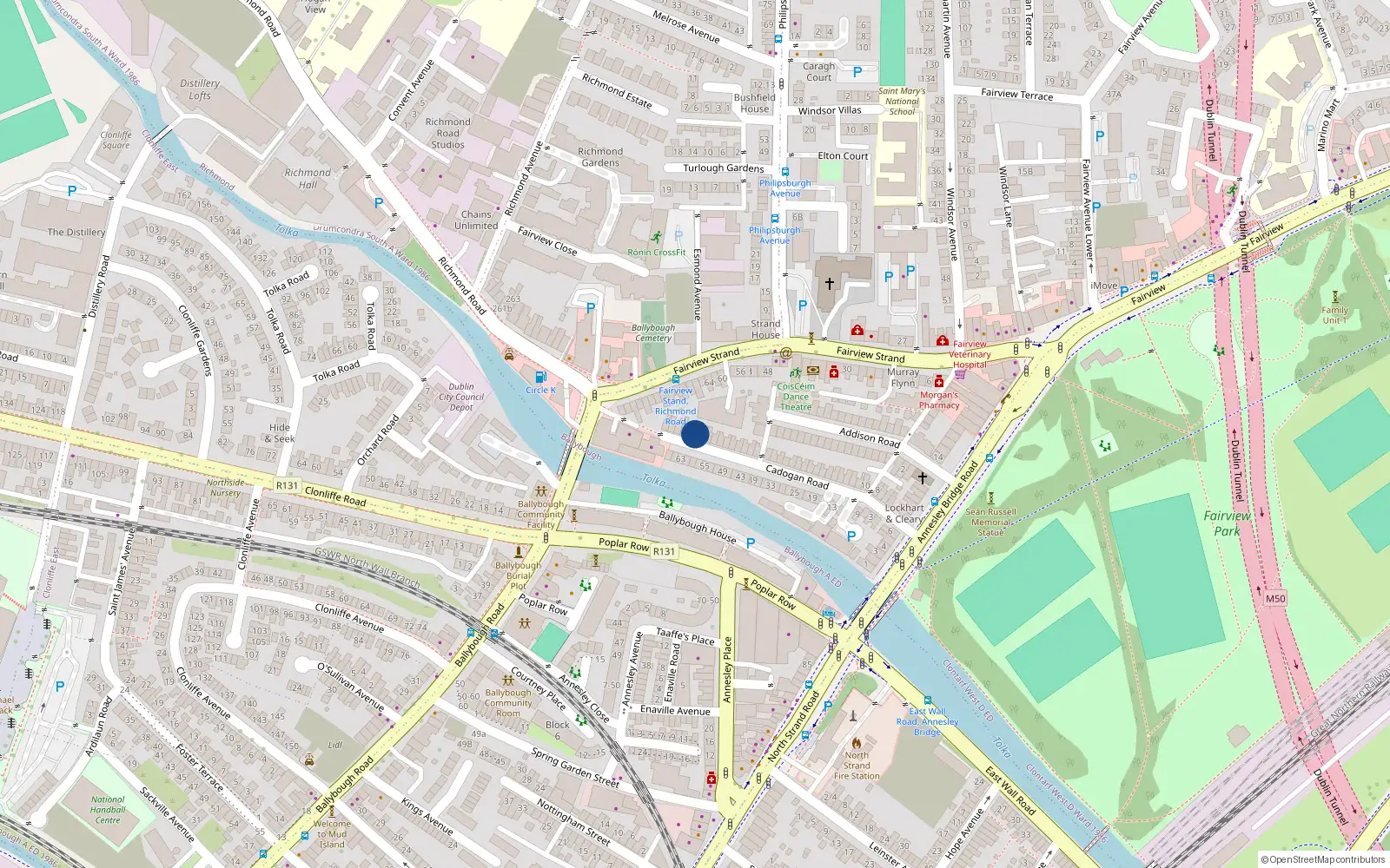 Overhead map showing the location of 64 Cadogan Road, Fairview, Dublin 3, D03 Vp82