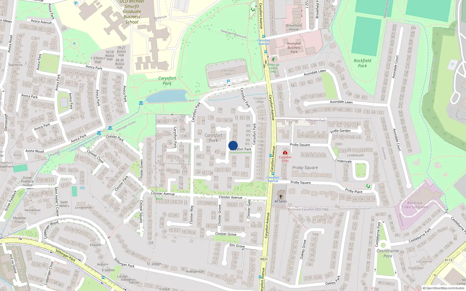 Overhead map showing the location of 64 Carysfort Park, Blackrock, Co Dublin