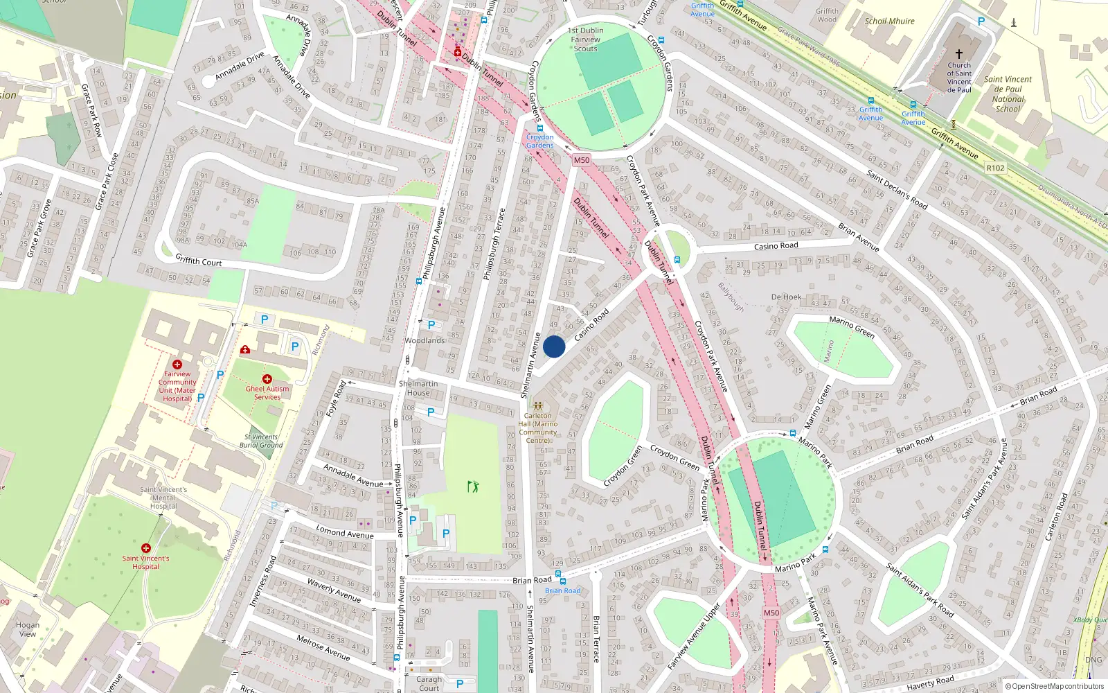 Overhead map showing the location of 64 Casino Road, Marino, Dublin 3