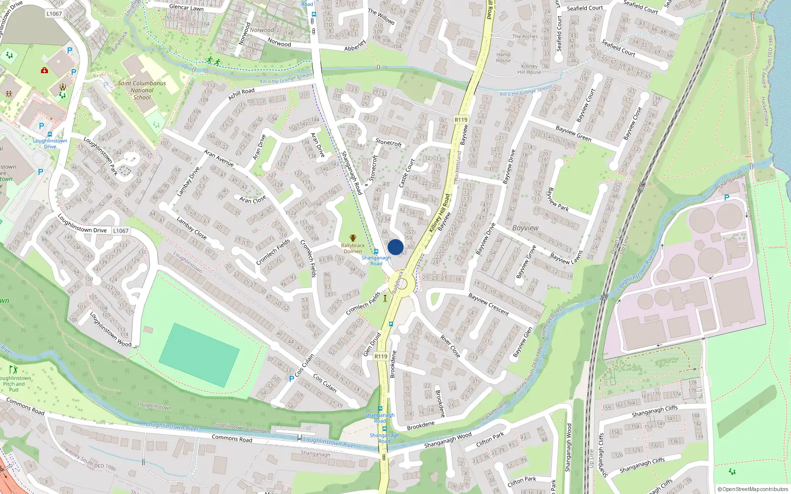 Overhead map showing the location of 64 Castle Court, Killiney