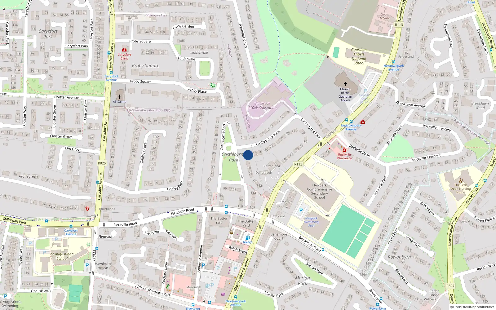 Overhead map showing the location of 64 Castlebyrne Park, Blackrock