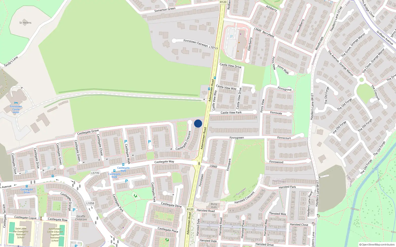 Overhead map showing the location of 64 Castlegate Crescent, Adamstown, Dublin