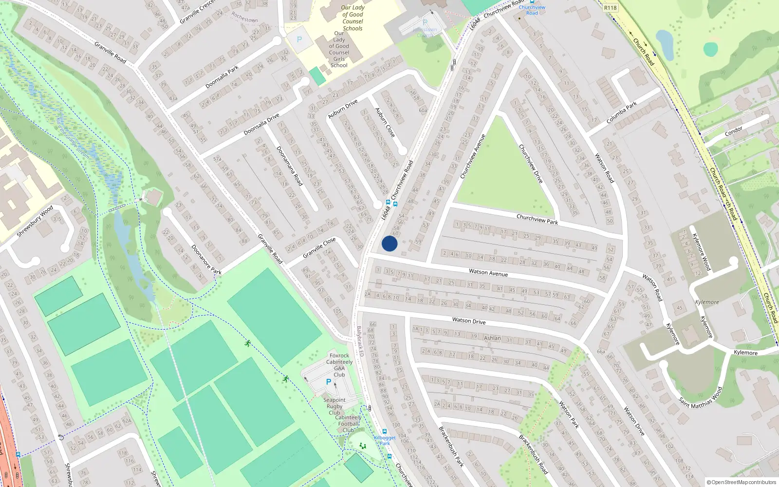 Overhead map showing the location of 64 Churchview Road, Dublin