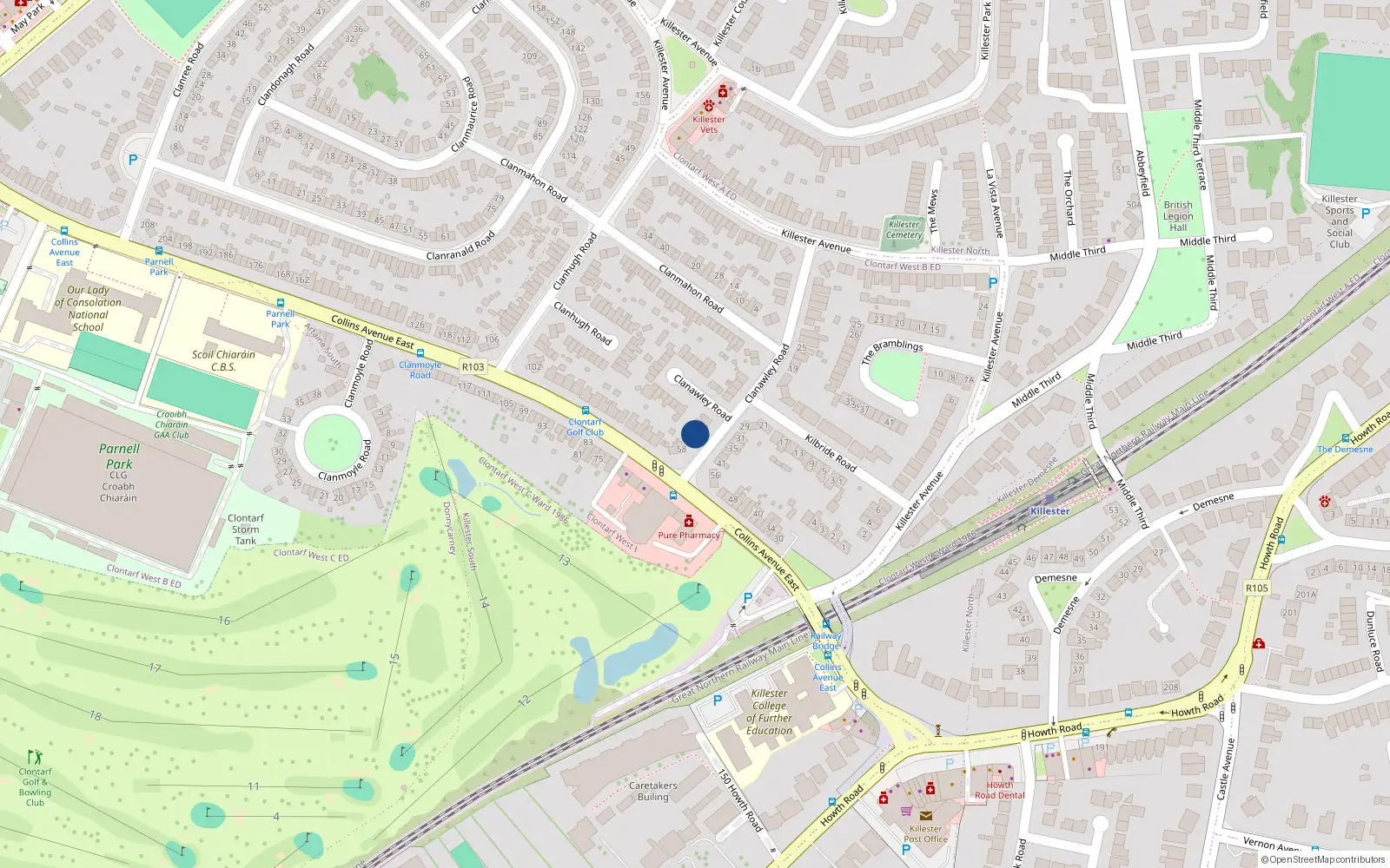 Overhead map showing the location of 64 Clanawley Road, Donnycarney, Dublin 5