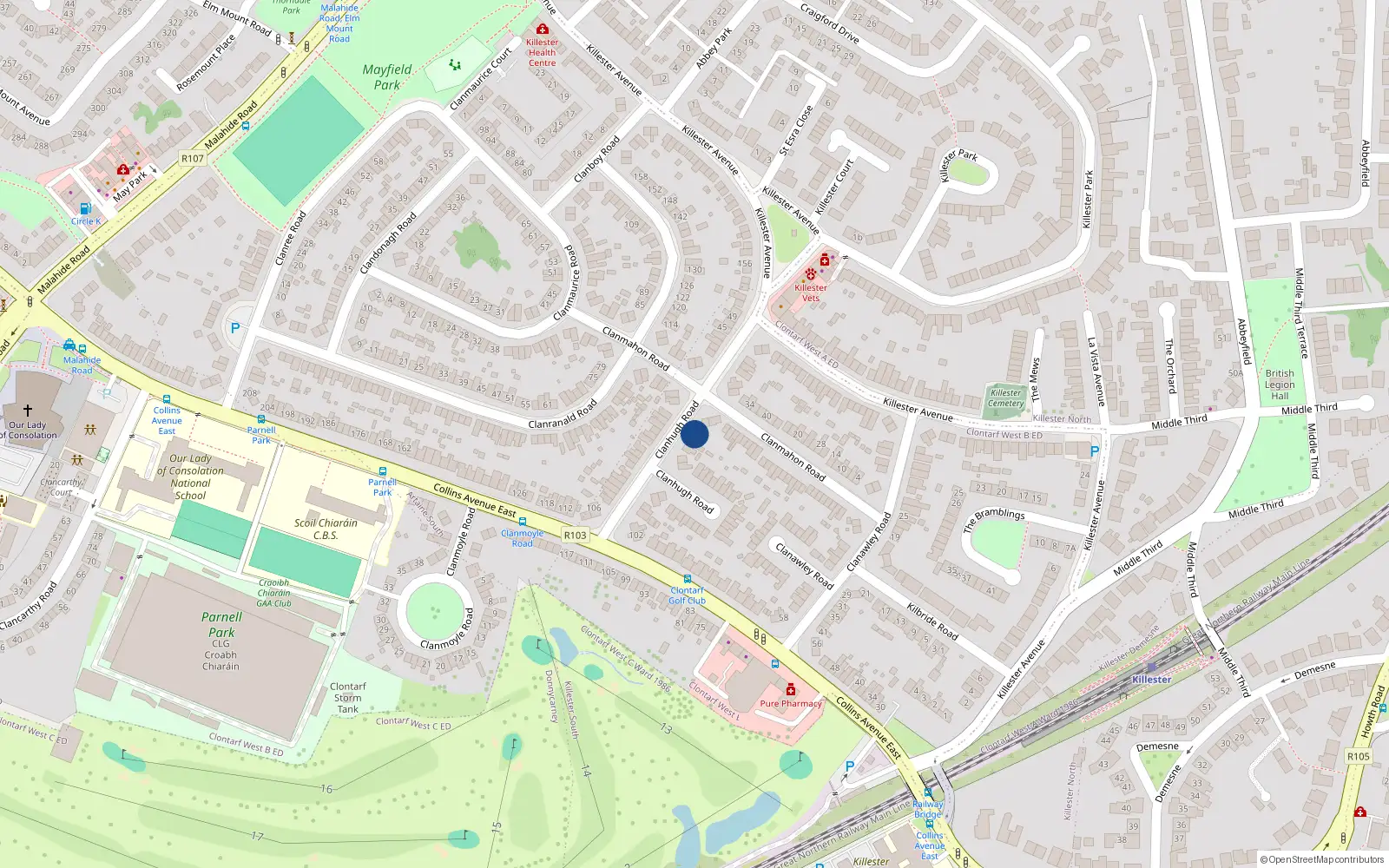 Overhead map showing the location of 64 Clanhugh Road, Donnycarney, Dublin 5