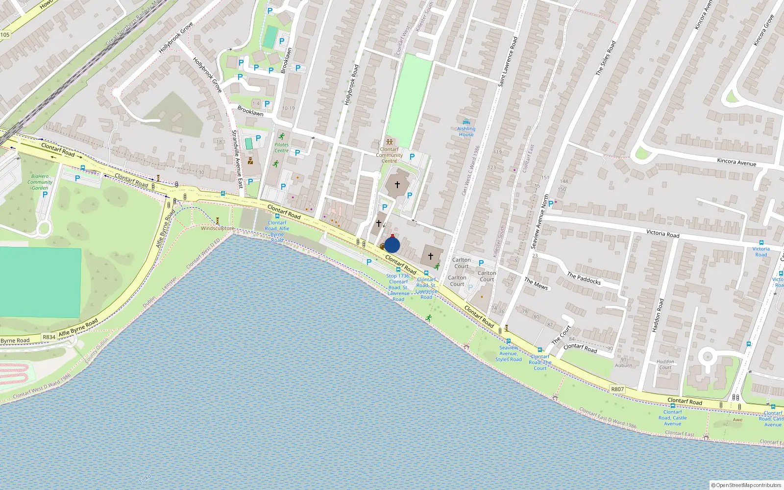 Overhead map showing the location of 64 Clontarf Road, Clontarf, Dublin 3