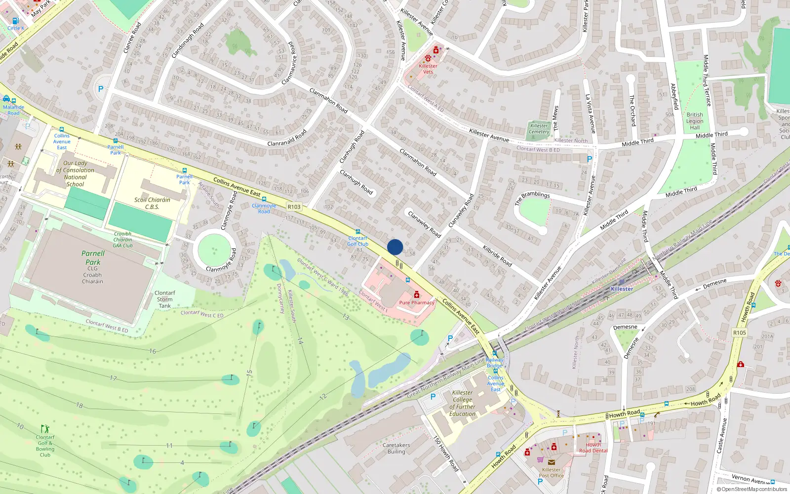 Overhead map showing the location of 64 Collins Avenue East, Killester, Dublin 5