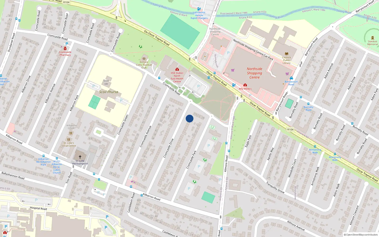 Overhead map showing the location of 64 Cromcastle Drive, Kilmore West, Coolock