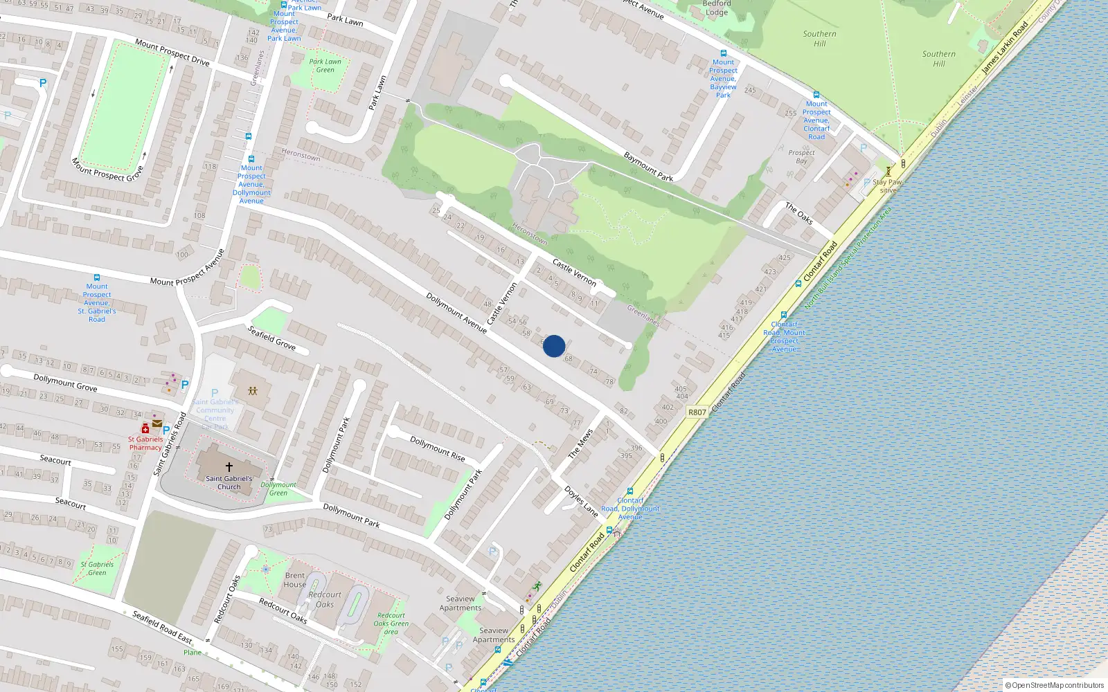 Overhead map showing the location of 64 Dollymount Avenue, Dublin 3