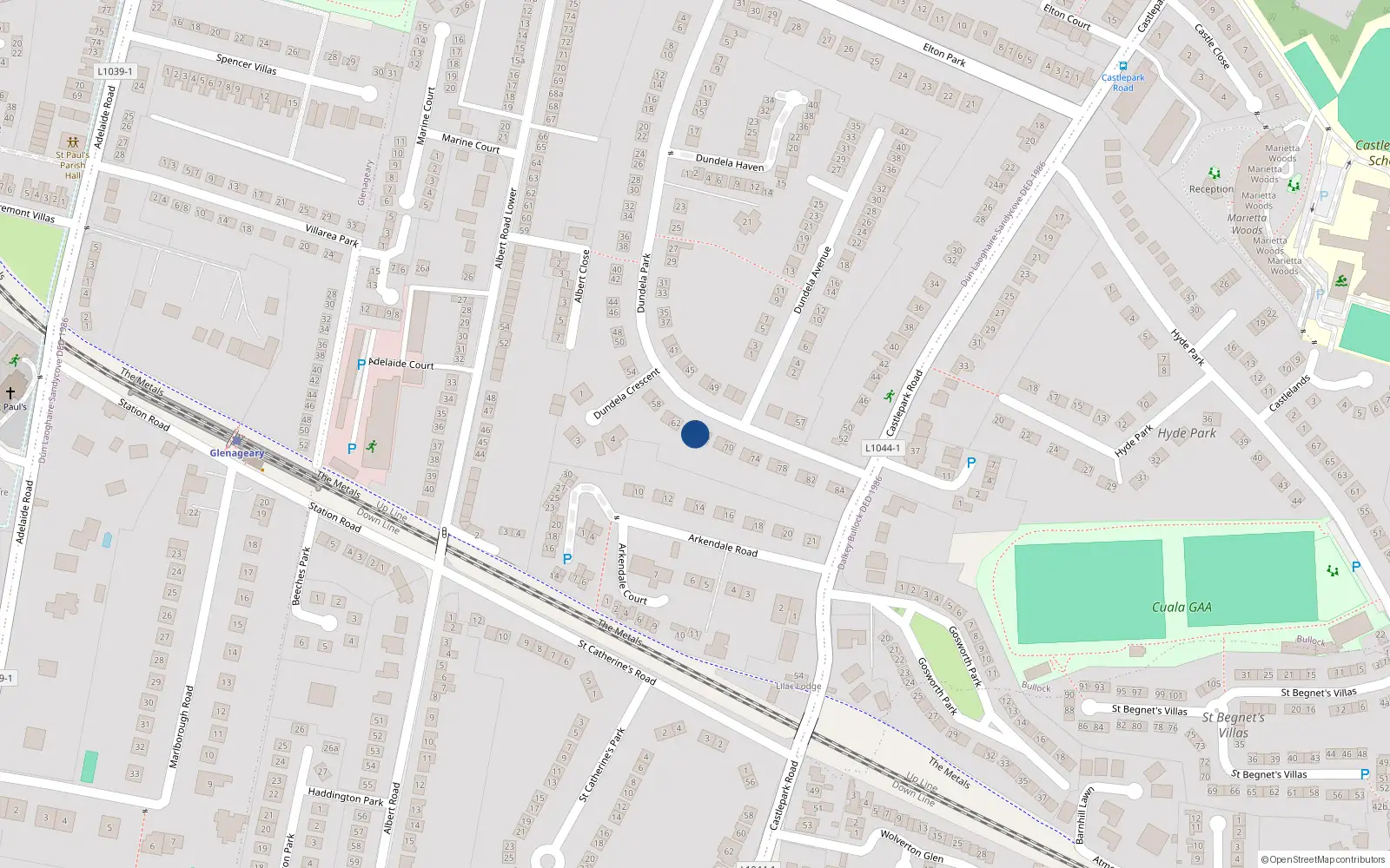 Overhead map showing the location of 64 Dundela Park, Dublin