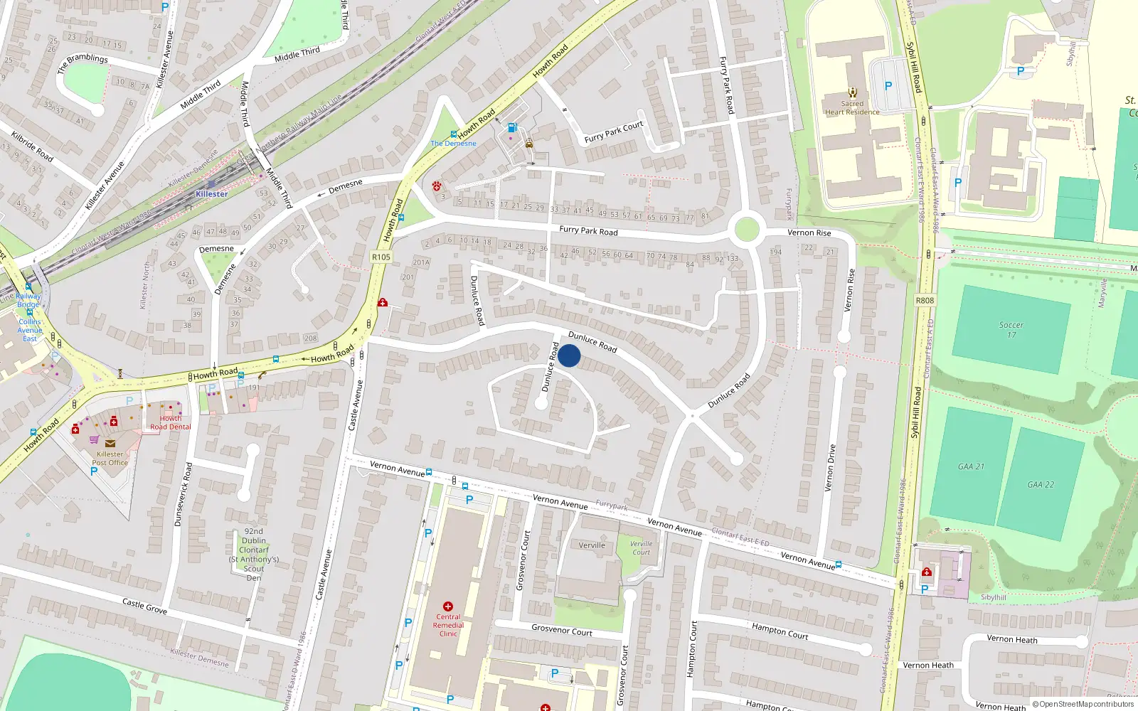 Overhead map showing the location of 64 Dunluce Road, Dublin 3