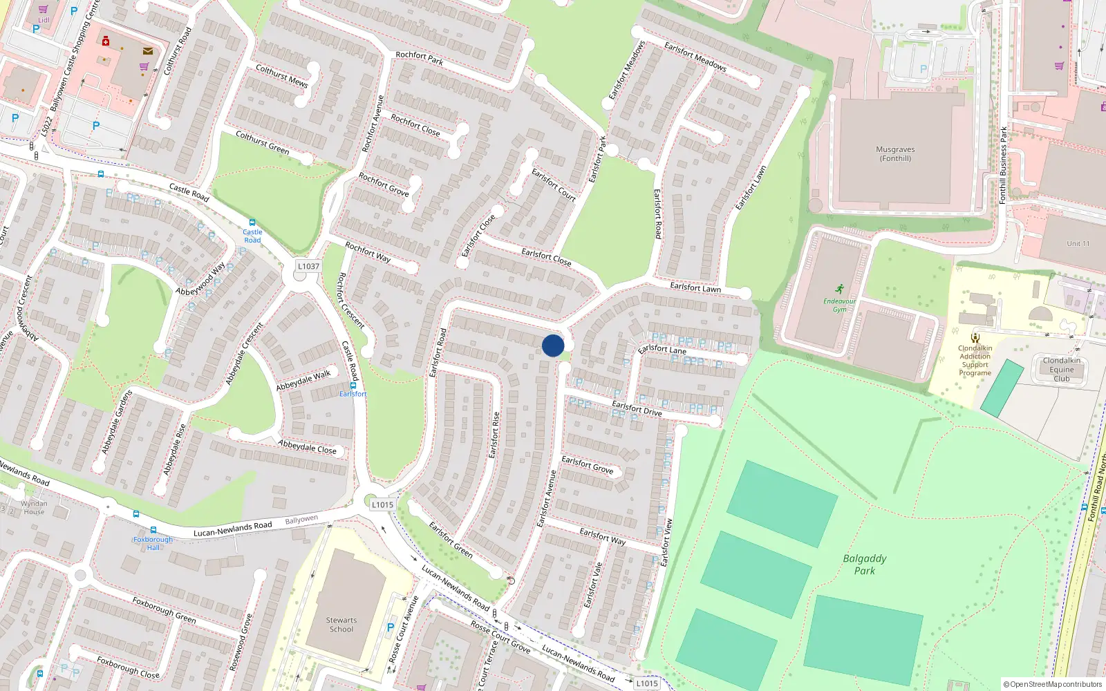 Overhead map showing the location of 64 Earlsfort Road, Lucan