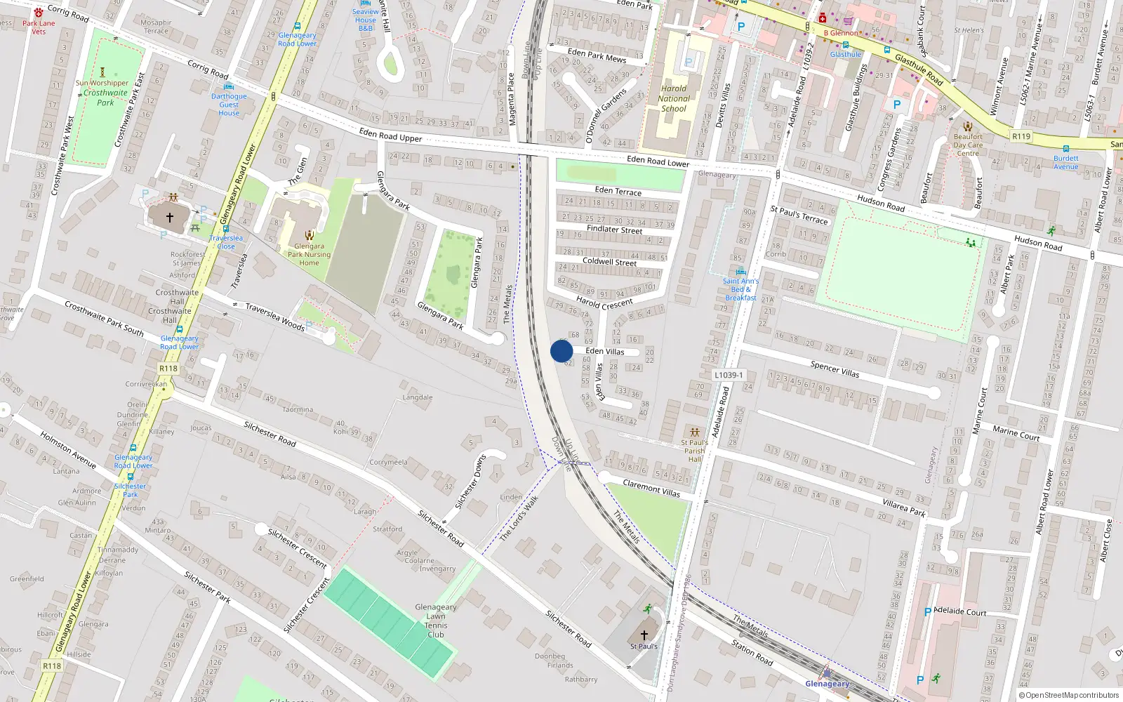 Overhead map showing the location of 64 Eden Villas, Glasthule, Dublin