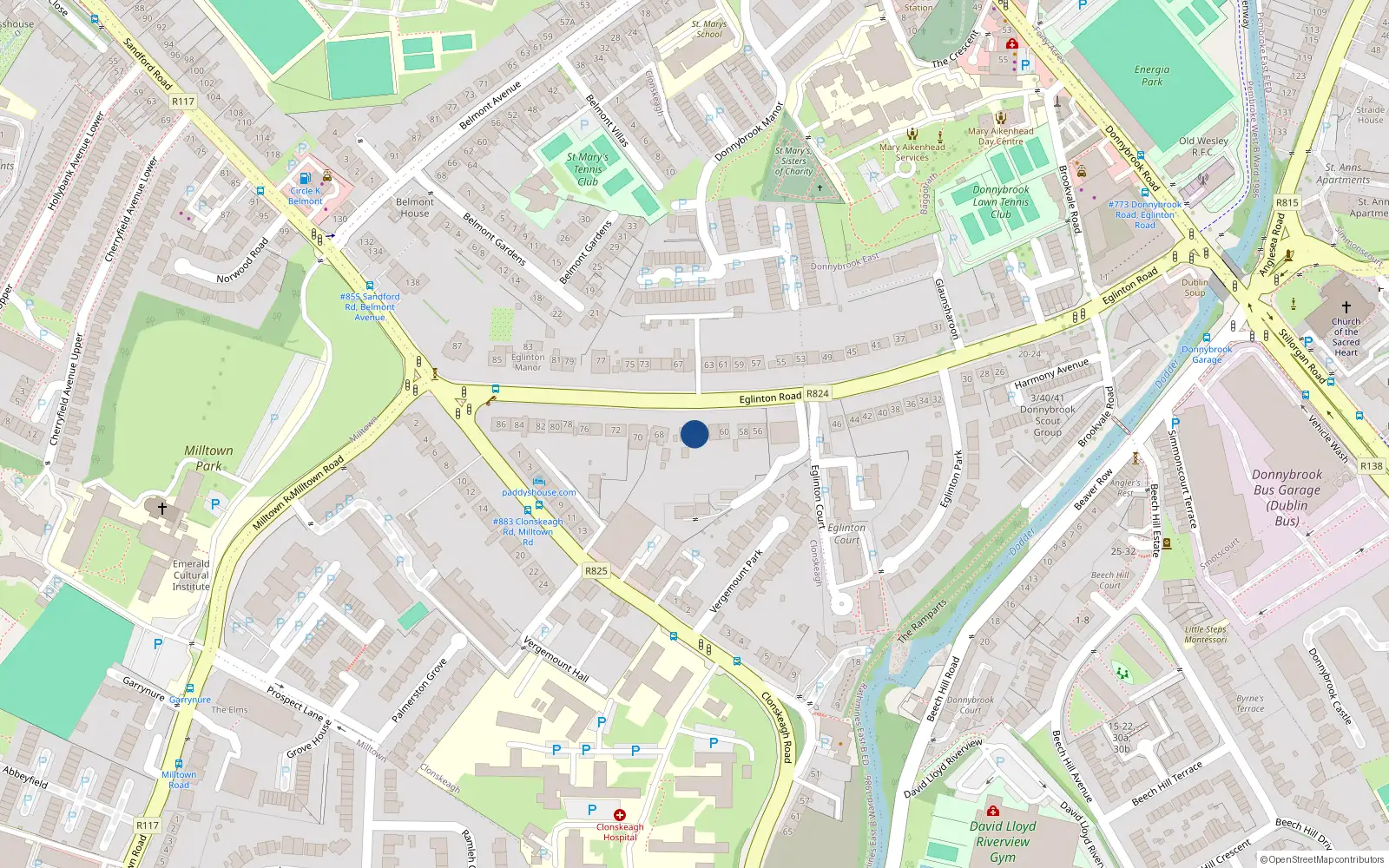 Overhead map showing the location of 64 Eglinton Road, Donnybrook