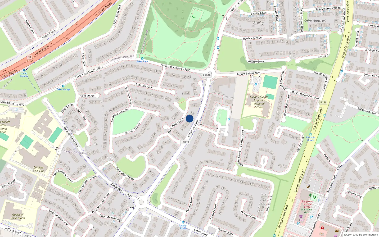 Overhead map showing the location of 64 Esker Wood Drive, Lucan