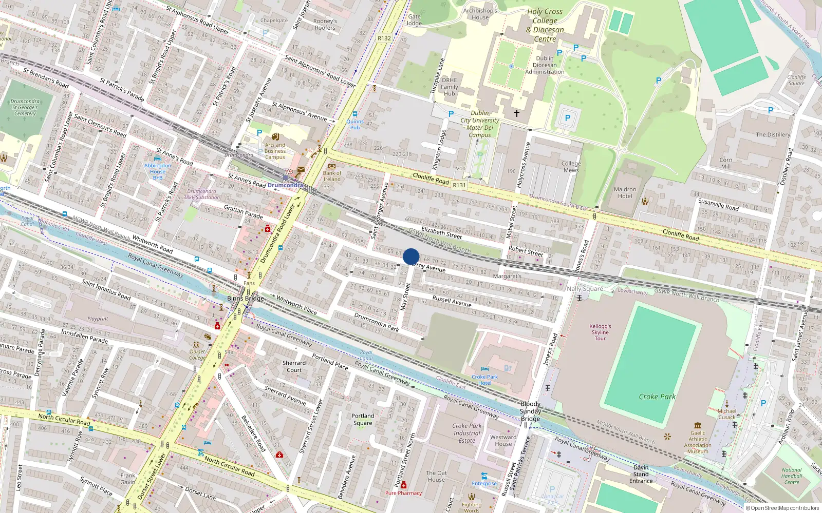 Overhead map showing the location of 64 Fitzroy Avenue, Clonliffe, Dublin 3