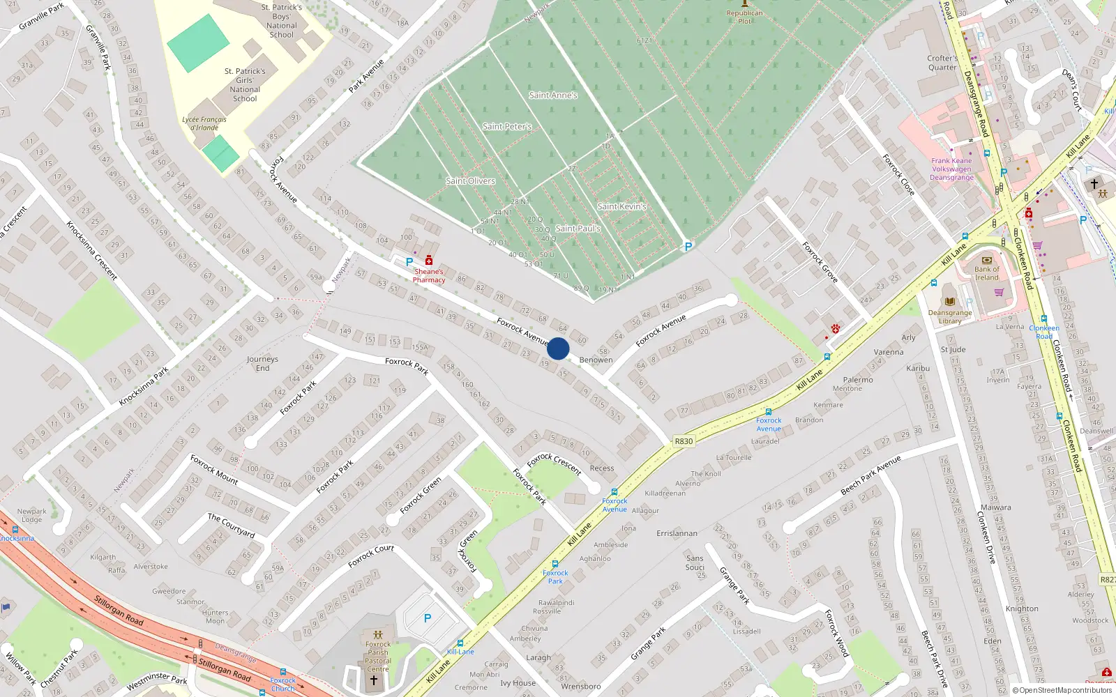 Overhead map showing the location of 64 Foxrock Avenue, Dublin