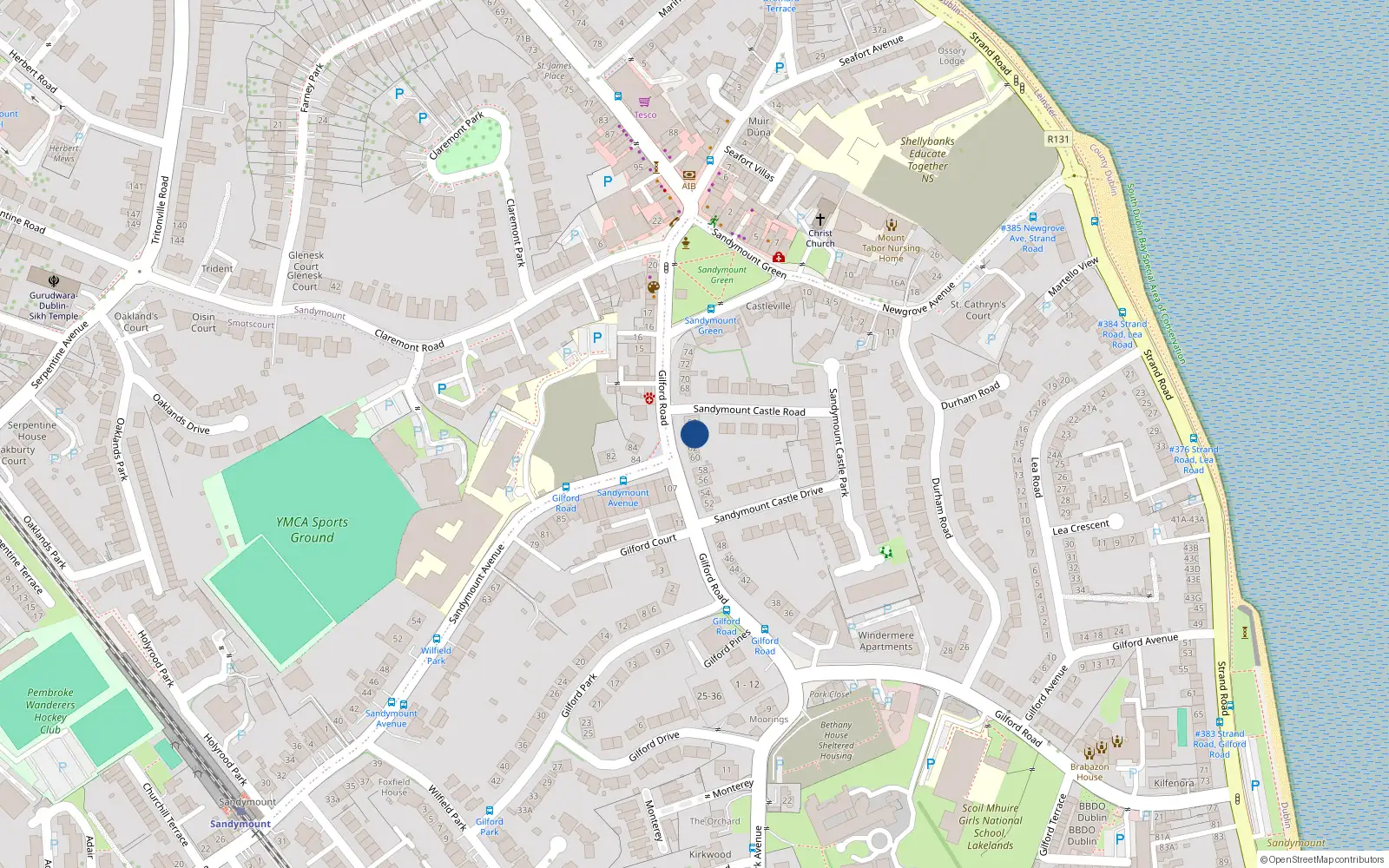 Overhead map showing the location of 64 Gilford Road, Sandymount