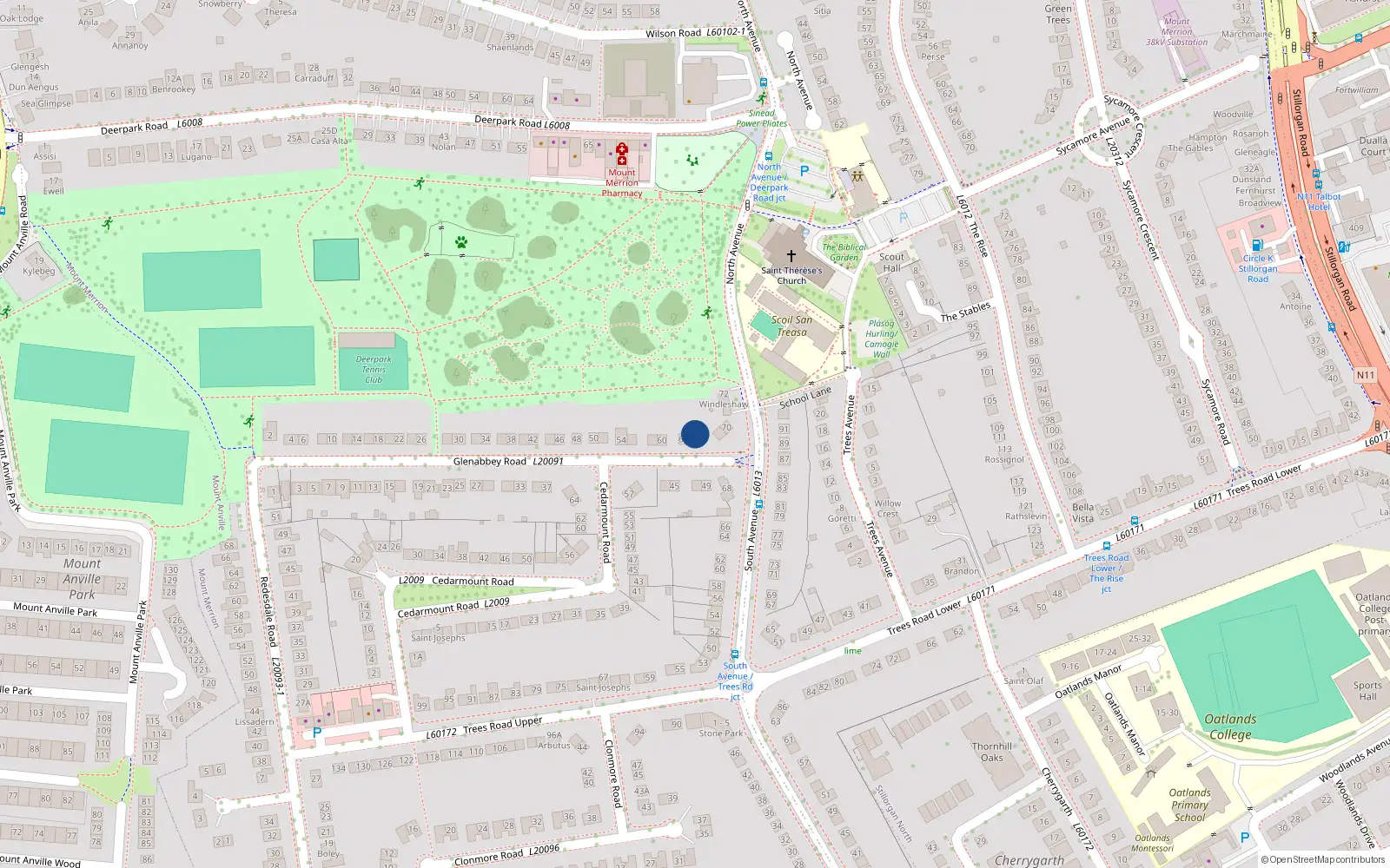 Overhead map showing the location of 64 Glenabbey Road, Blackrock