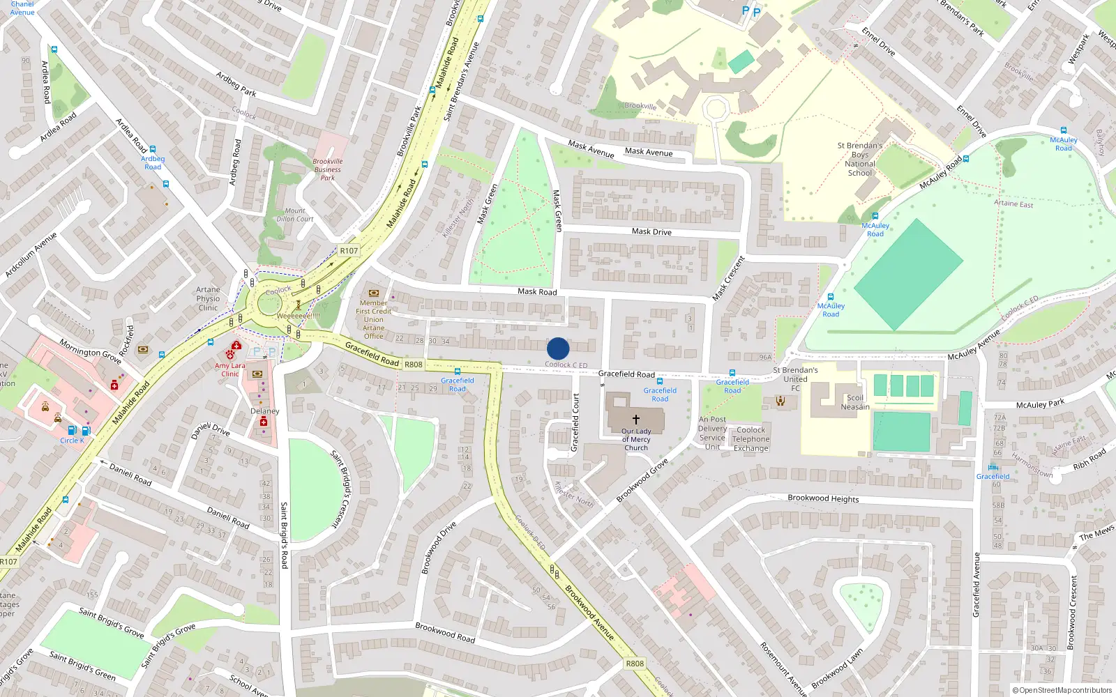 Overhead map showing the location of 64 Gracefield Road, Artane, Dublin 5