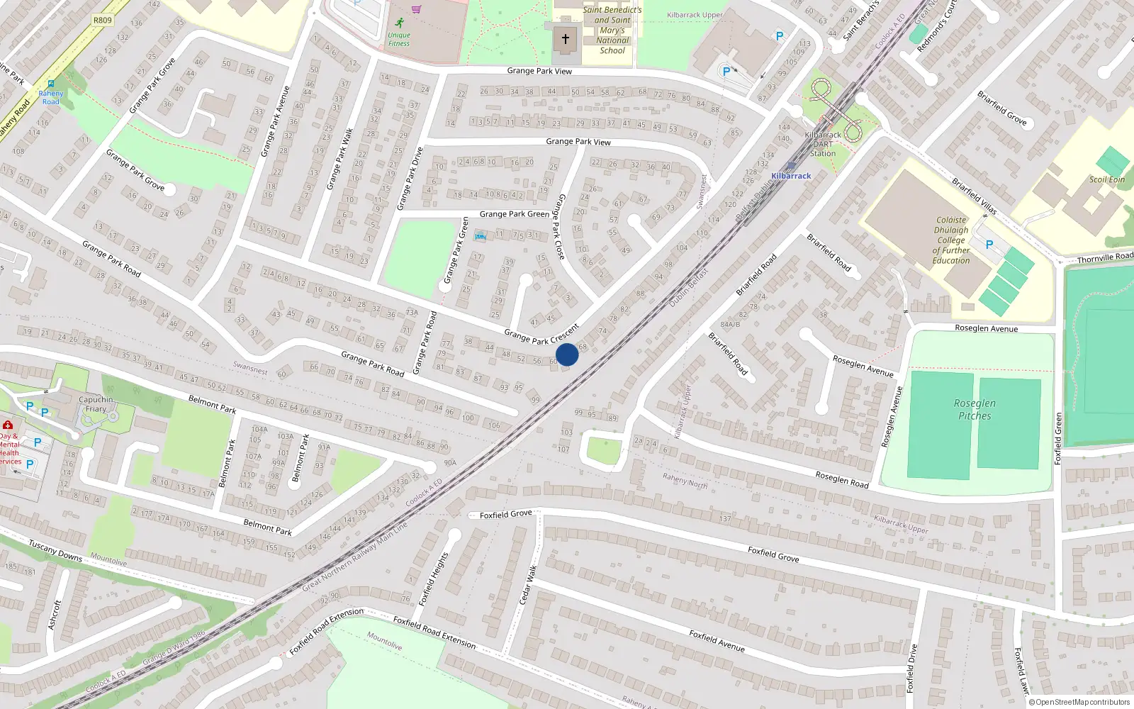 Overhead map showing the location of 64 Grange Park Crescent, Raheny, Dublin 5