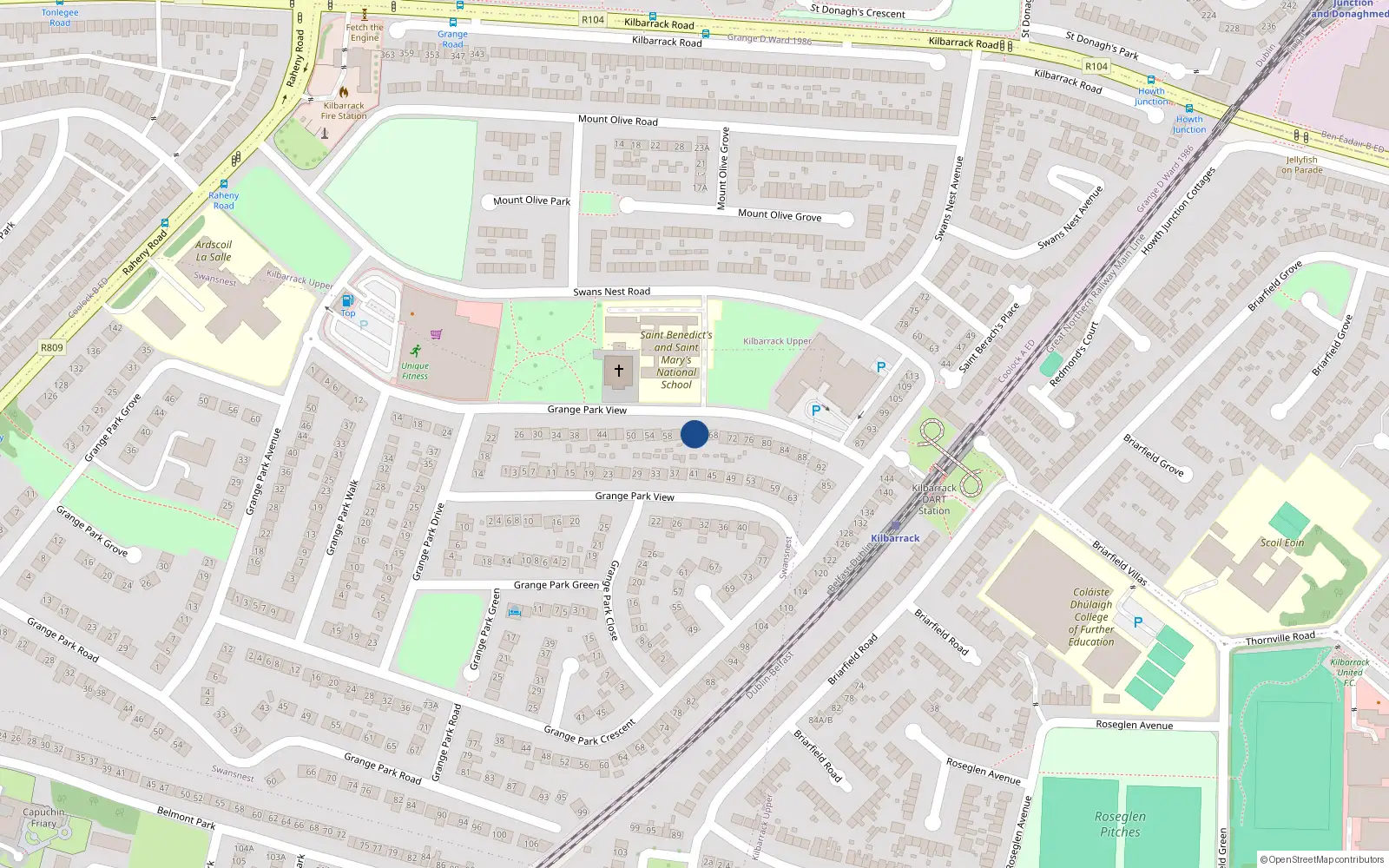 Overhead map showing the location of 64 Grange Park View, Dublin 5