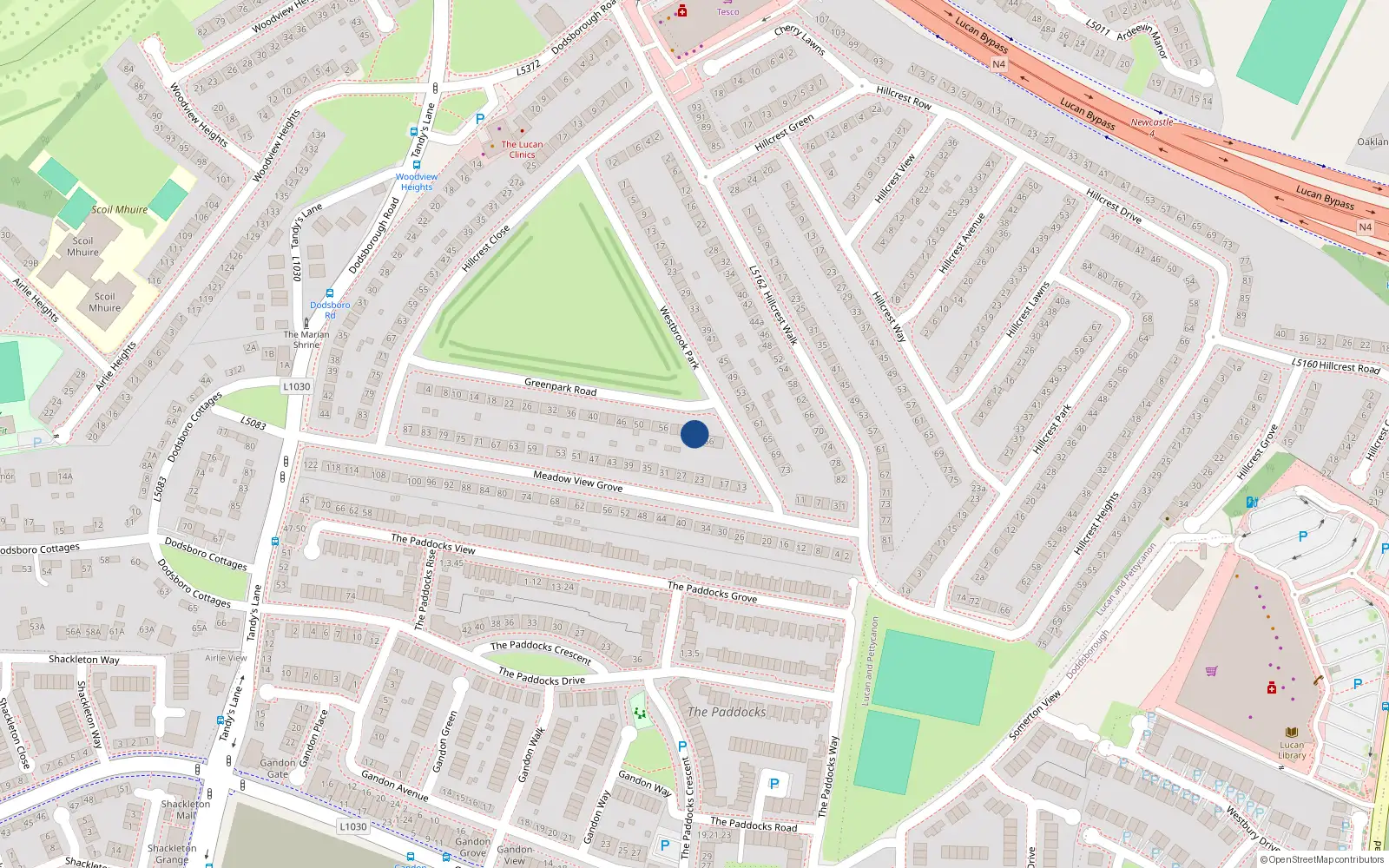 Overhead map showing the location of 64 Greenpark Road, Lucan, Dublin