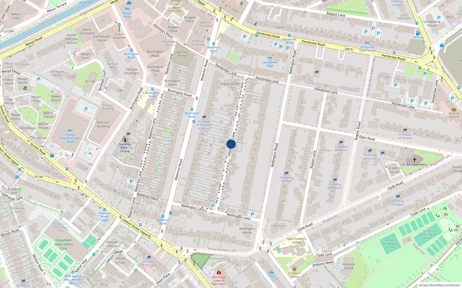 Overhead map showing the location of 64 Heytesbury Lane, Dublin 4