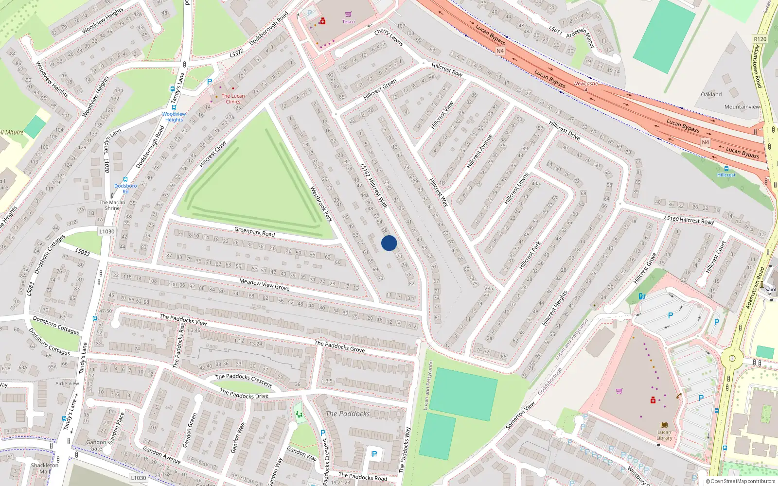 Overhead map showing the location of 64 Hillcrest Walk, Lucan, Dublin