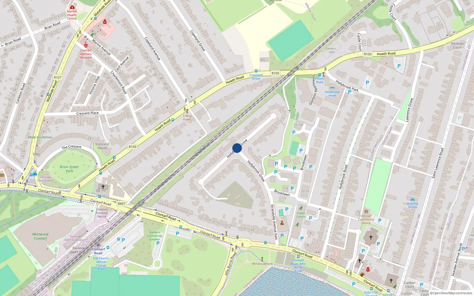 Overhead map showing the location of 64 Hollybrook Grove, Dublin 3
