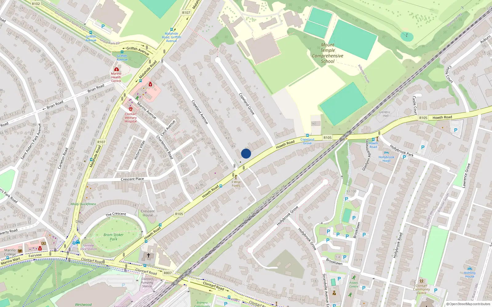 Overhead map showing the location of 64 Howth Road, Dublin 3