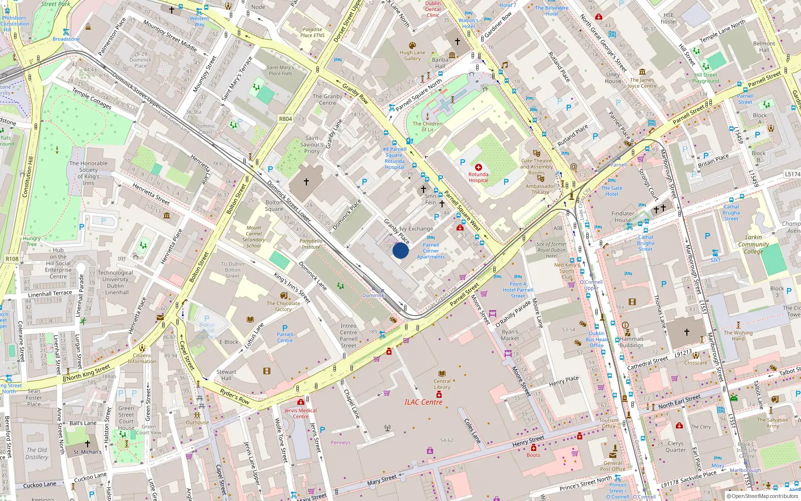 Overhead map showing the location of 64 Ivy Exchange, Parnell Square West, Dublin 1
