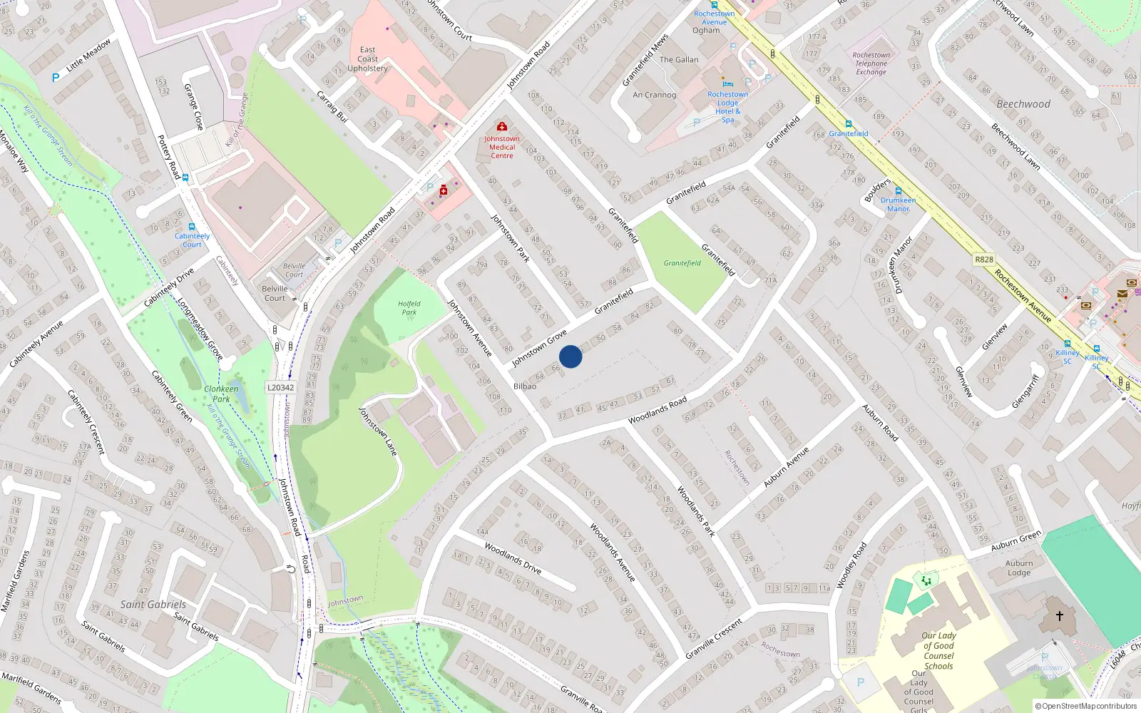 Overhead map showing the location of 64 Johnstown Grove, Dun Laoghaire, Co Dublin