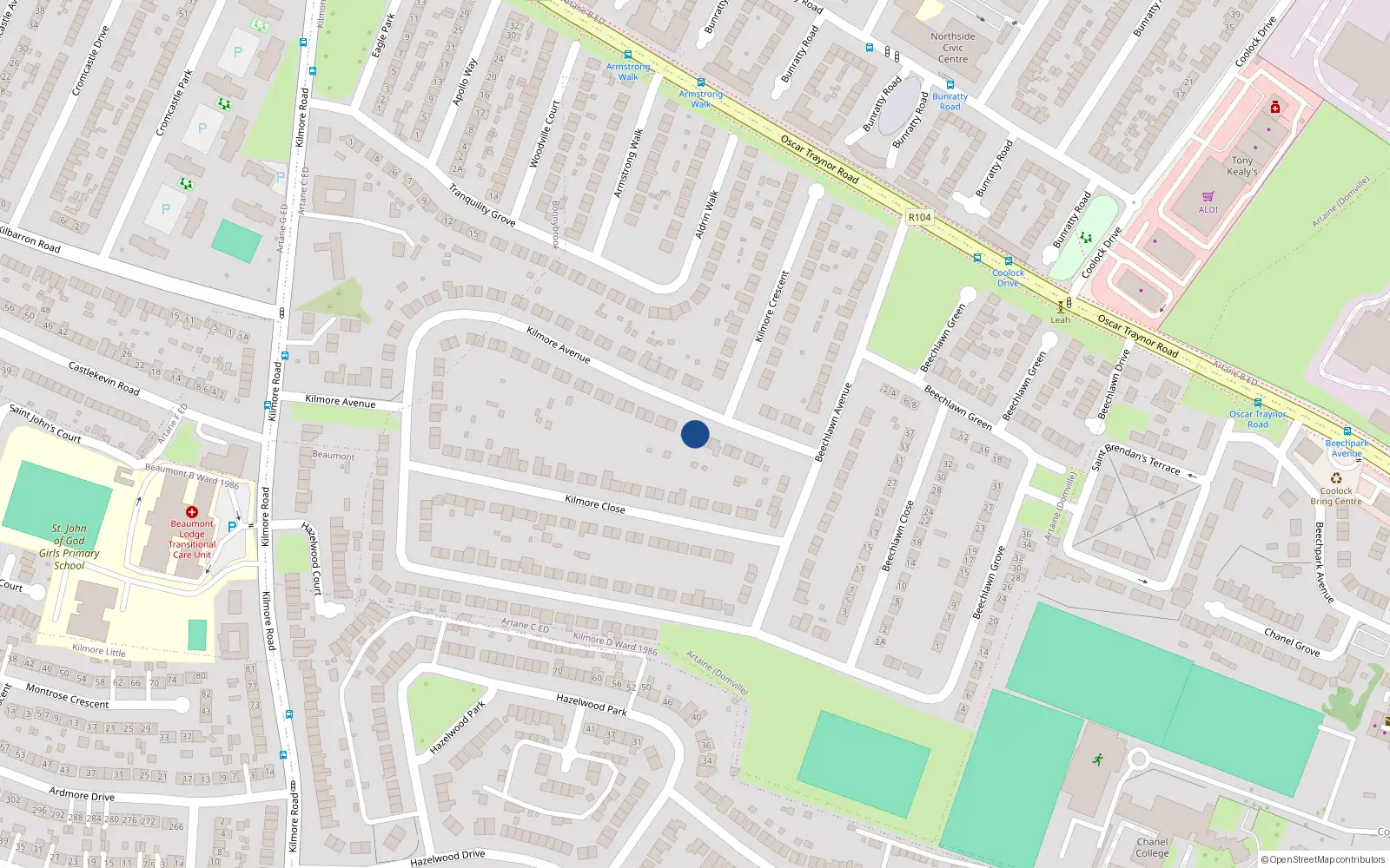 Overhead map showing the location of 64 Kilmore Avenue, Dublin 5