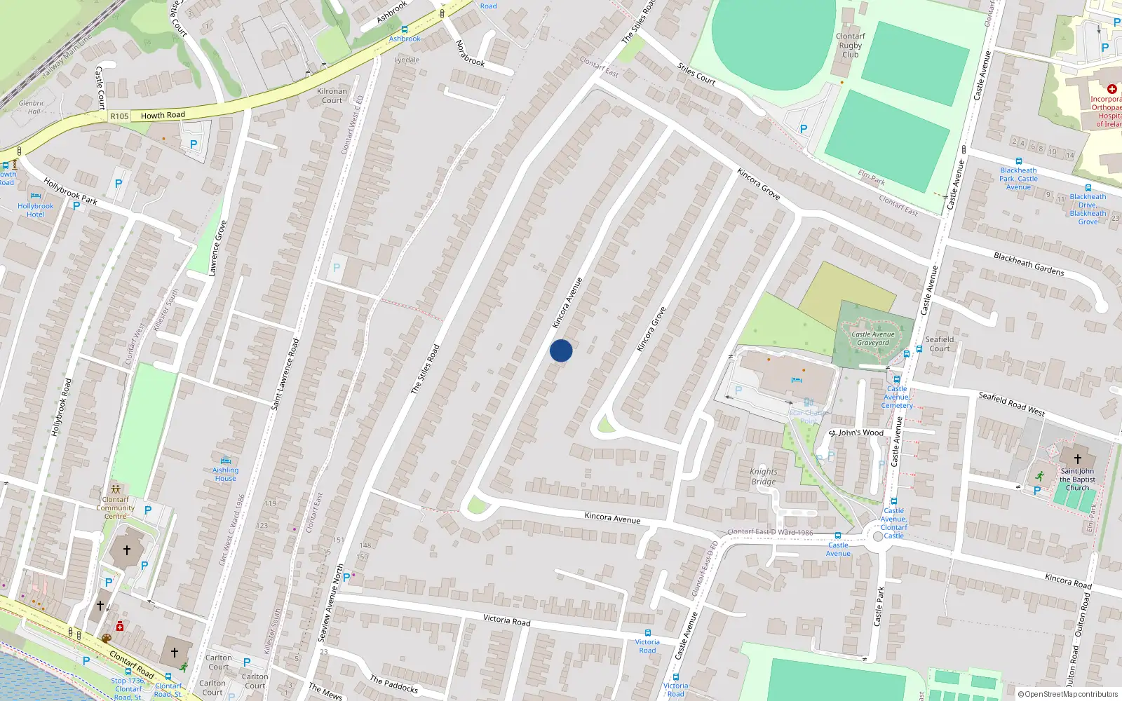 Overhead map showing the location of 64 Kincora Avenue, Clontarf, Dublin 3