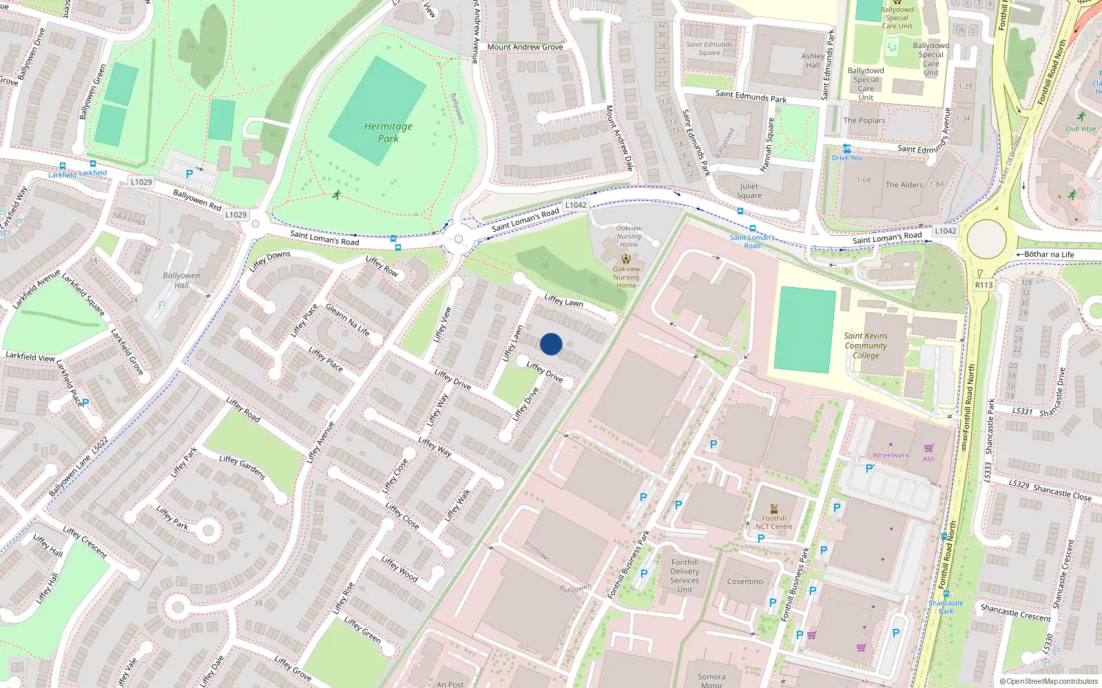 Overhead map showing the location of 64 Liffey Drive, Lucan