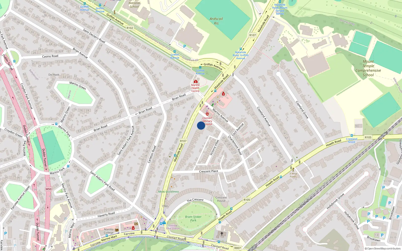 Overhead map showing the location of 64 Malahide Road, Dublin 3