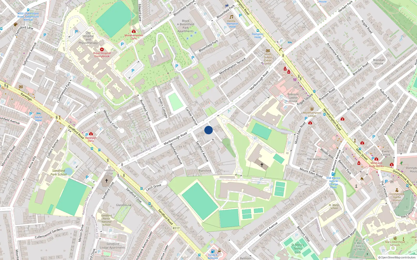Overhead map showing the location of 64 Marlborough Road, Donnybrook