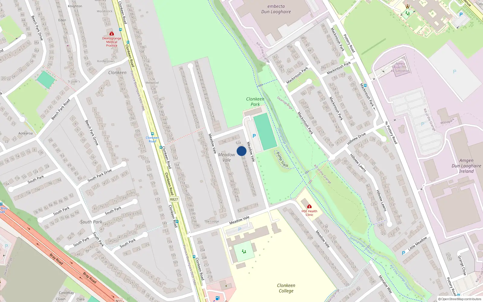 Overhead map showing the location of 64 Meadow Vale, Blackrock