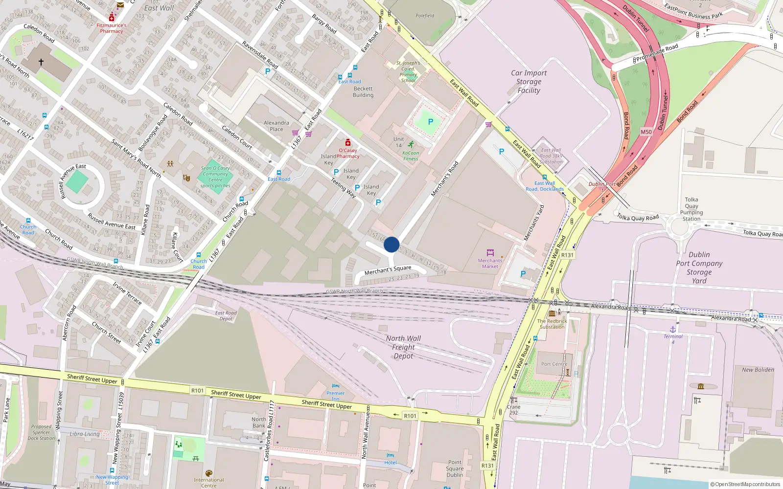 Overhead map showing the location of 64 Merchants Square, East Wall, Dublin 3, D03 F8f1
