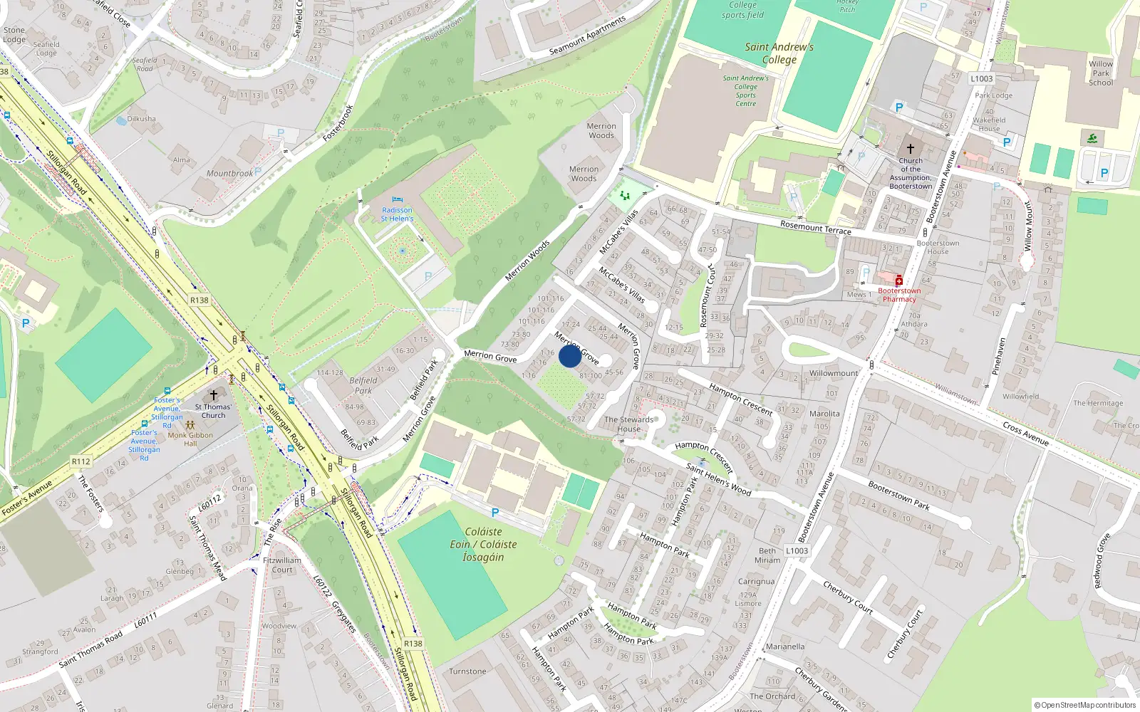 Overhead map showing the location of 64 Merrion Grove, Booterstown, Dublin