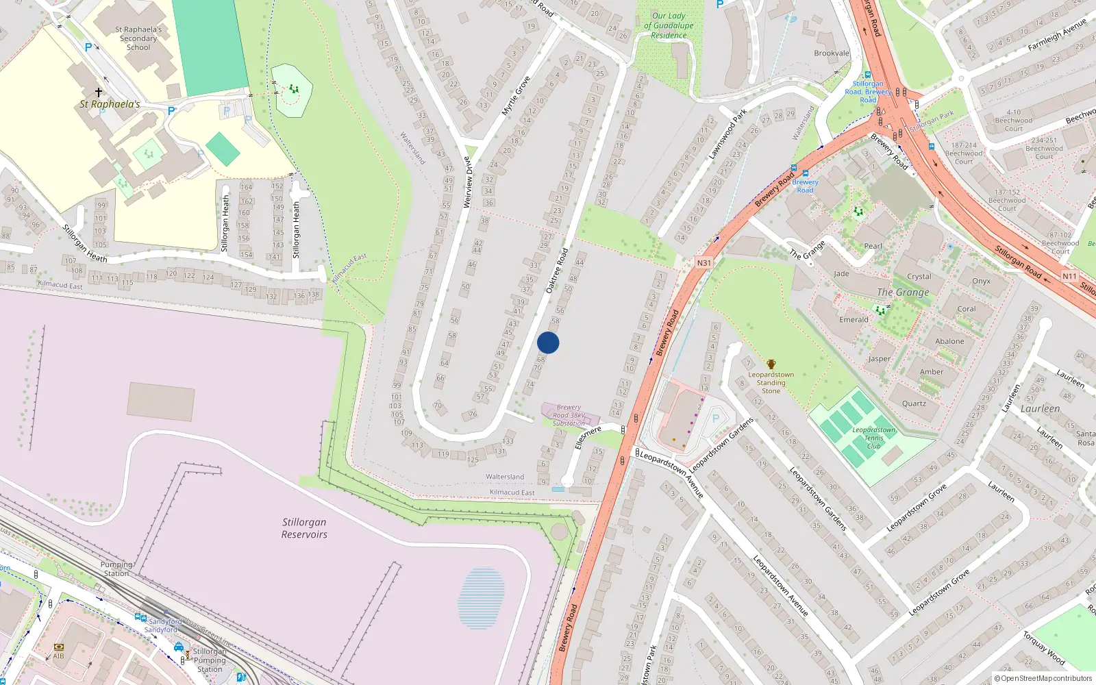 Overhead map showing the location of 64 Oaktree Road, Dublin