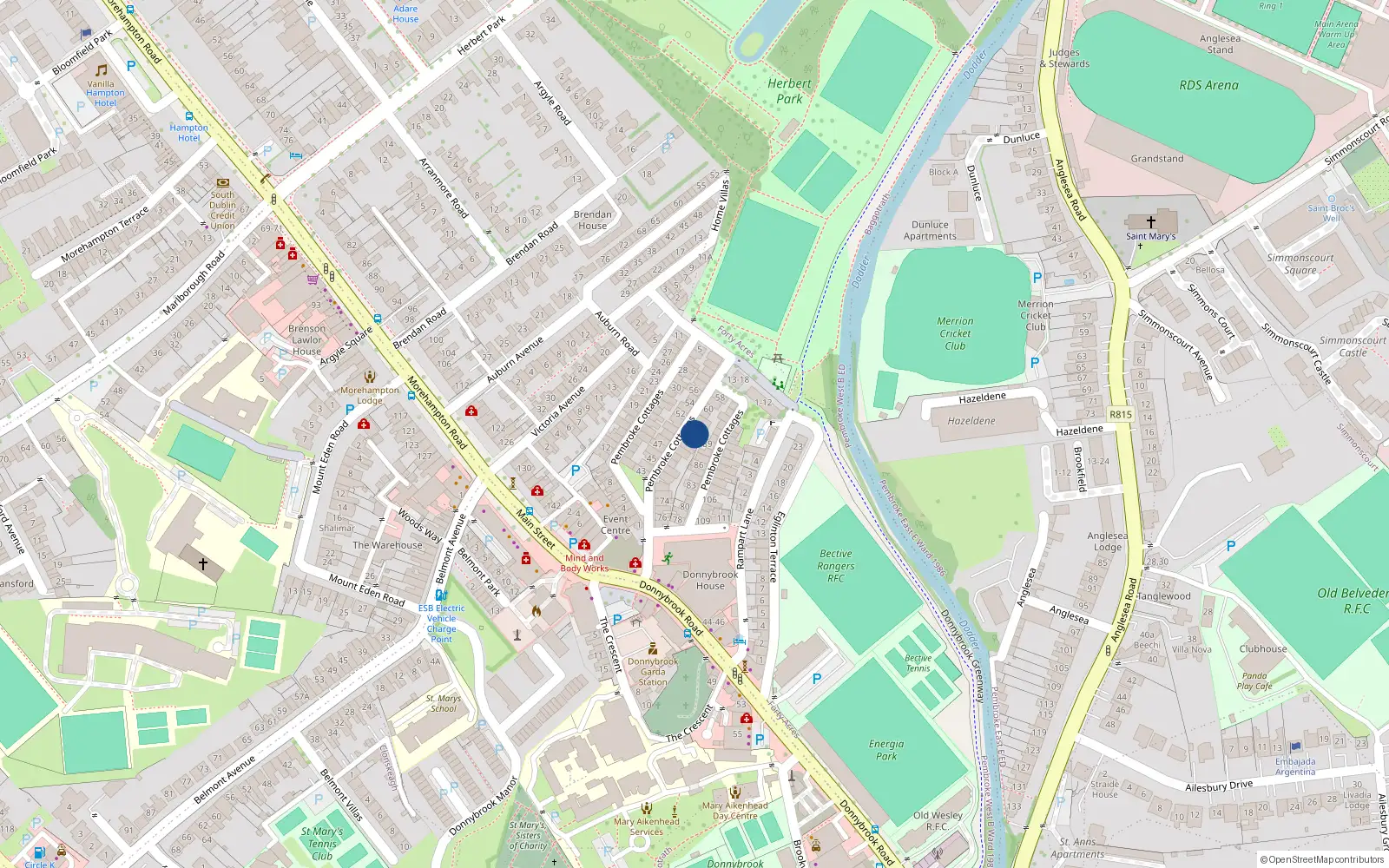 Overhead map showing the location of 64 Pembroke Cottages, Dublin 4