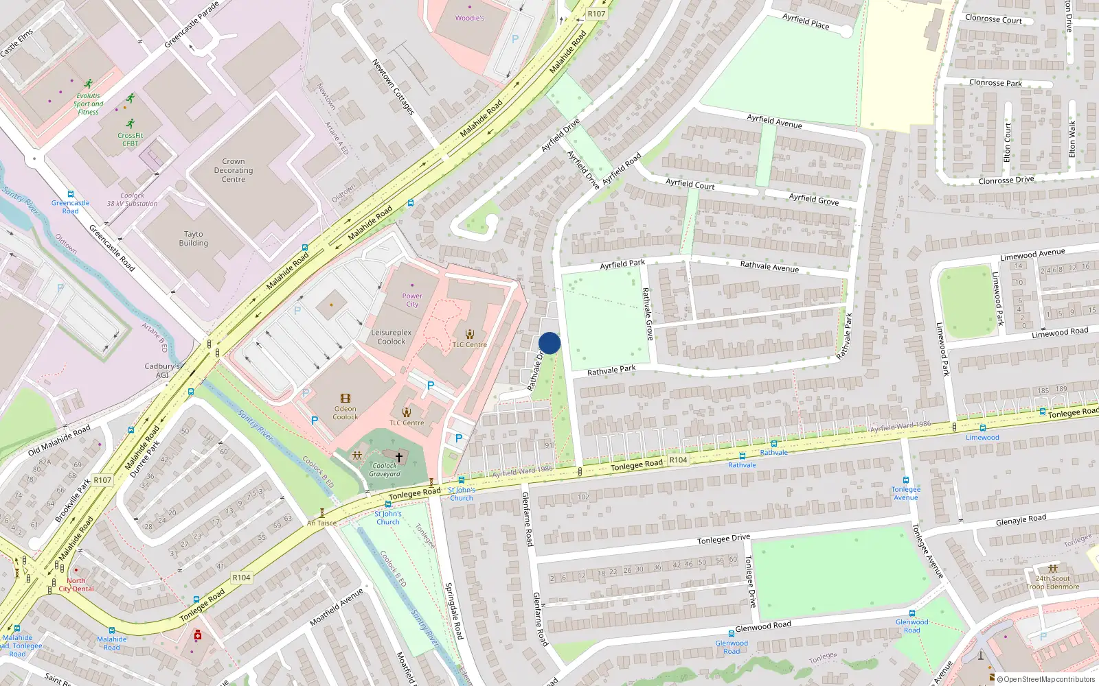 Overhead map showing the location of 64 Rathvale Drive, Coolock