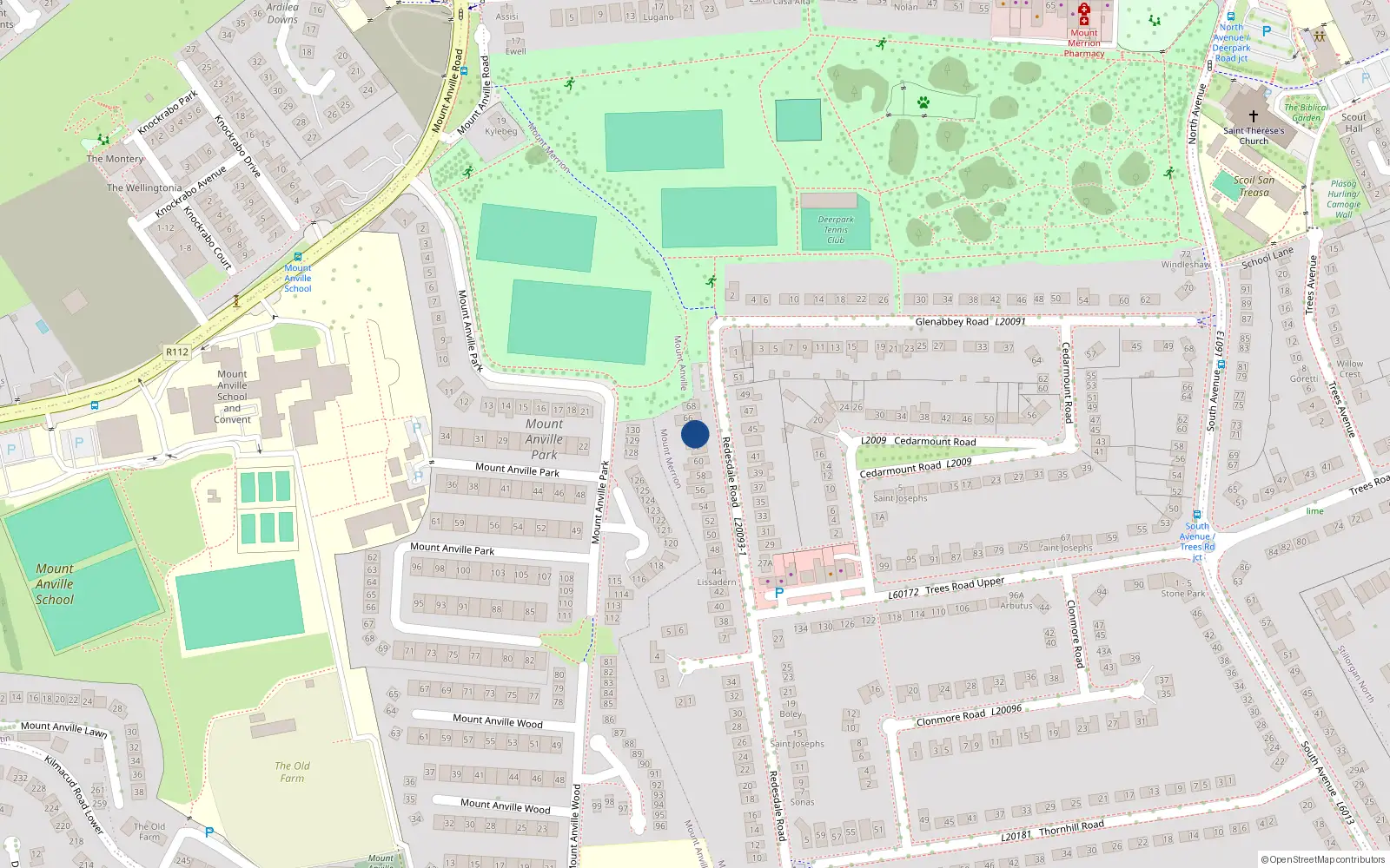 Overhead map showing the location of 64 Redesdale Road, Mount Merrion, Co Dublin